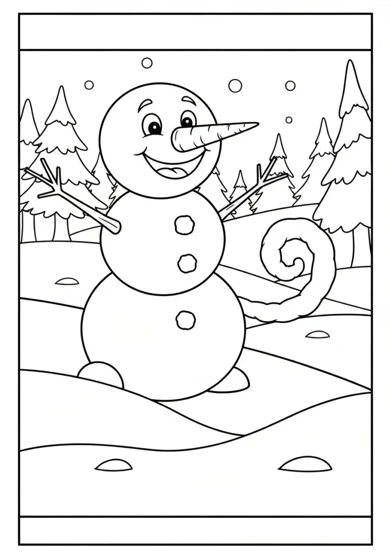 Bałwan w zimowym lesie - kolorowanka do druku i pobrania - kolorowanka line-art do druku