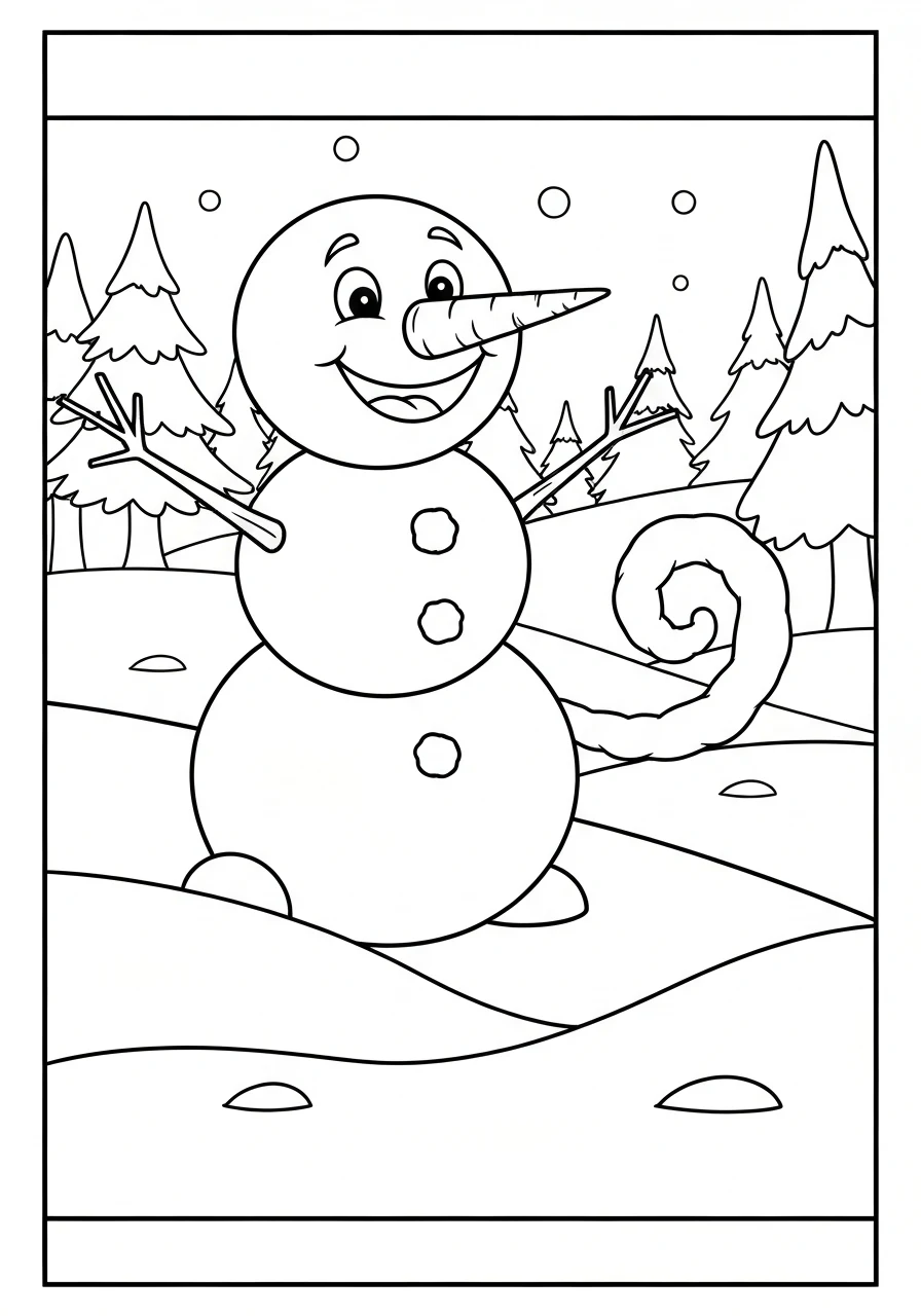 Bałwan w zimowym lesie - kolorowanka do druku i pobrania - kolorowanka line-art do druku