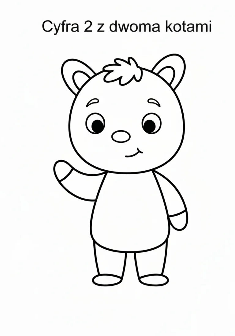 Cyfra 2 z dwoma kotami - kolorowanka matematyczna do nauki liczb - kolorowanka line-art do druku