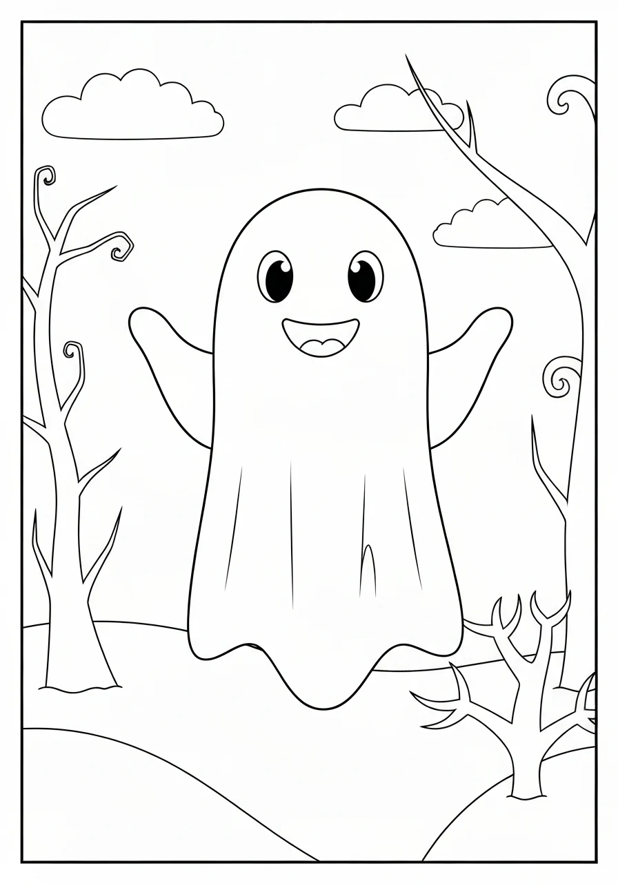 Duch Halloween przyjazny dla dzieci - kolorowanka do druku PDF - kolorowanka line-art do druku