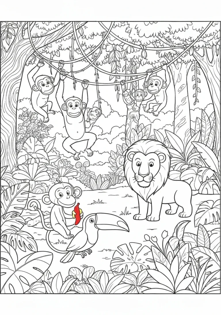 Dżungla z dzikimi zwierzętami - kolorowanka do druku dla dzieci - kolorowanka line-art do druku
