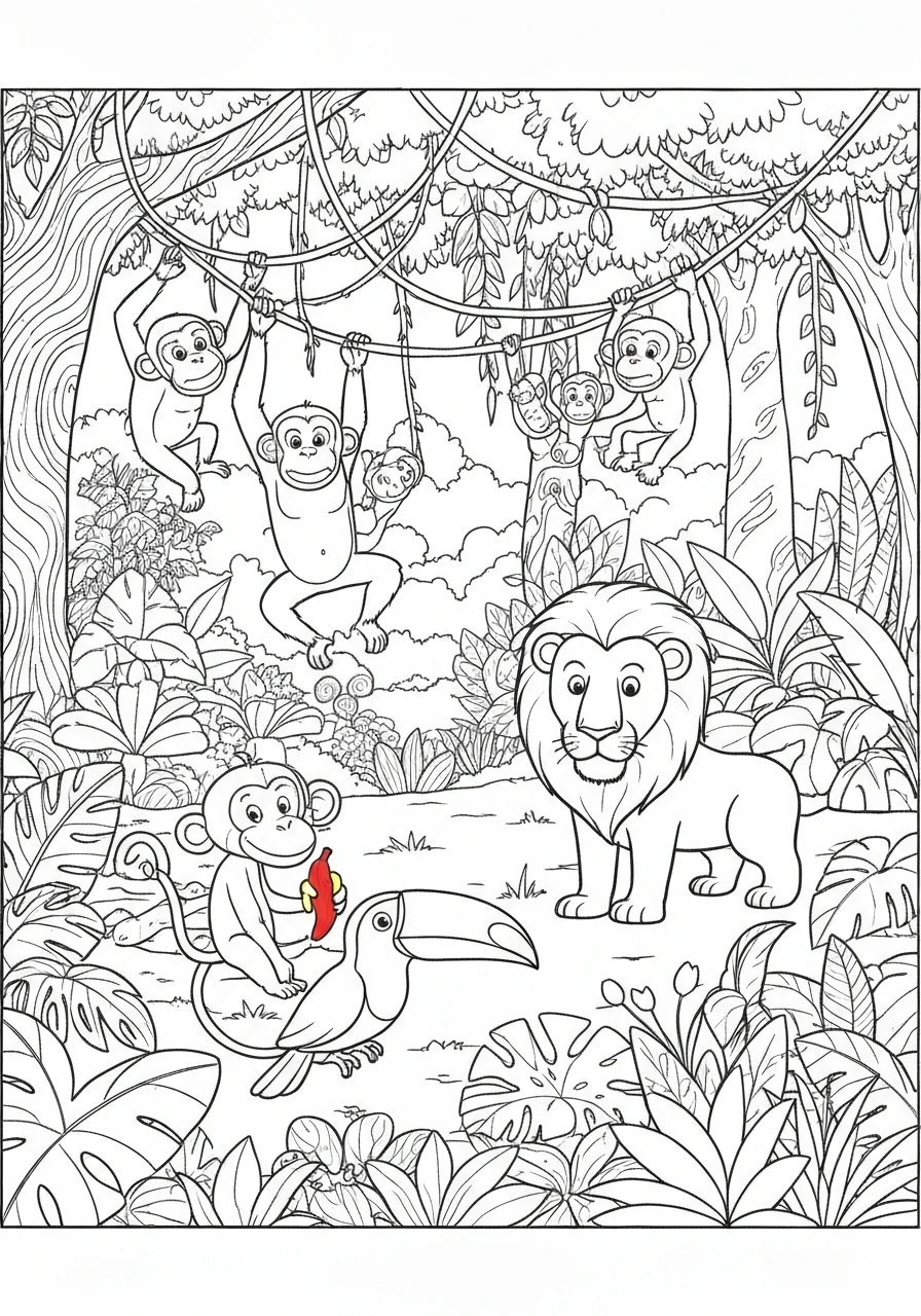Dżungla z dzikimi zwierzętami - kolorowanka do druku dla dzieci - kolorowanka line-art do druku