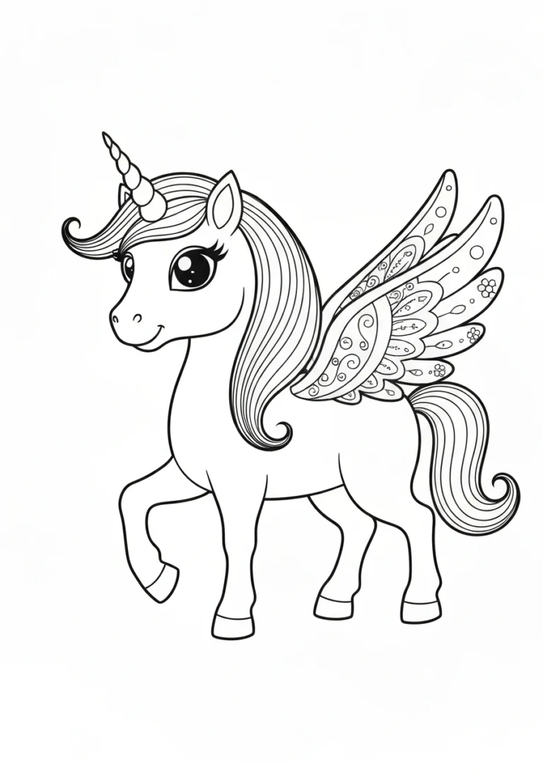 Jednorożec ze skrzydłami alicorn - kolorowanka do druku i PDF - kolorowanka line-art do druku