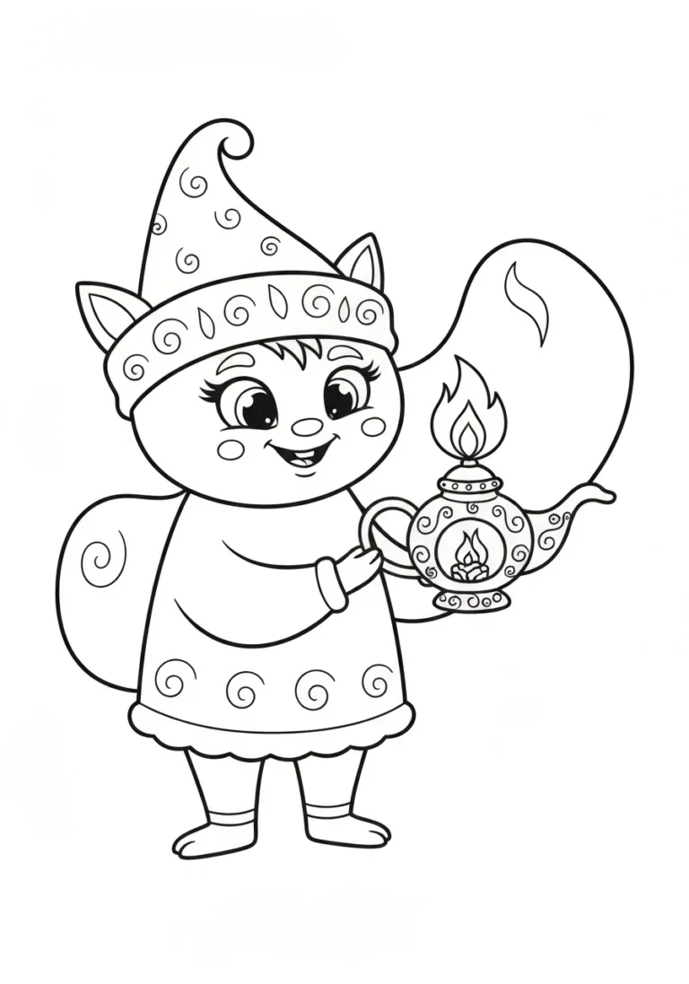 Krasnoludek z lampką - kolorowanka line-art do druku dla maluchów - kolorowanka line-art do druku
