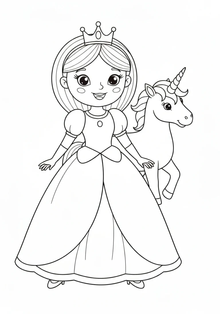 Księżniczka i jednorożec - kolorowanka magiczna do druku PDF - kolorowanka line-art do druku