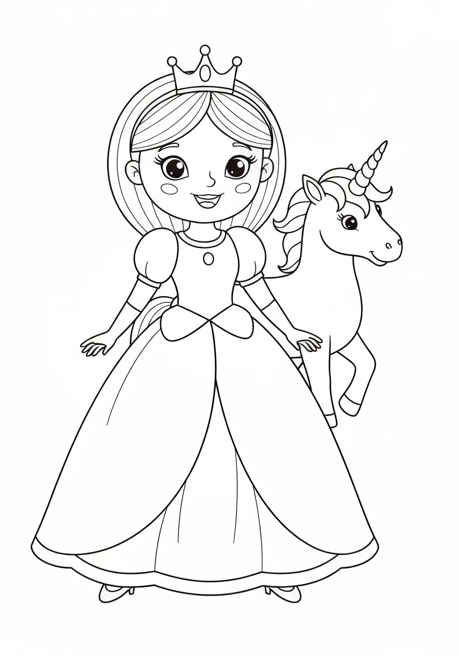 Księżniczka i jednorożec - kolorowanka magiczna do druku PDF - kolorowanka line-art do druku