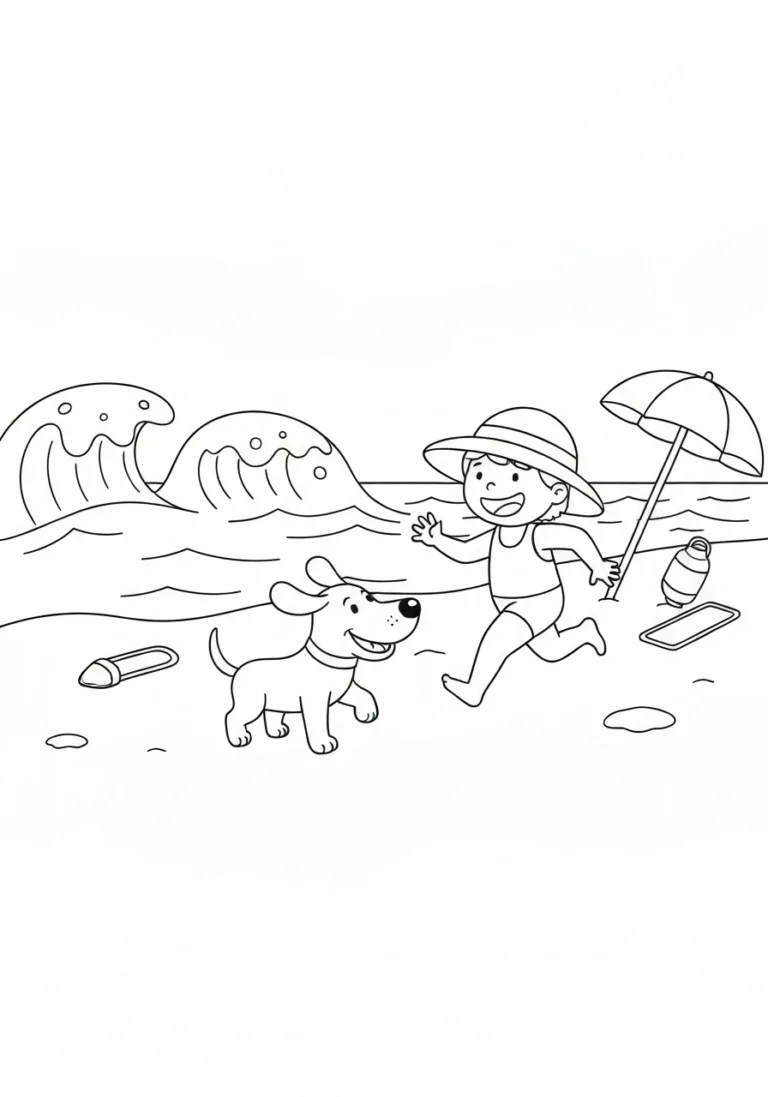 Lato na plaży - kolorowanka do nauki pór roku dla dzieci - kolorowanka line-art do druku