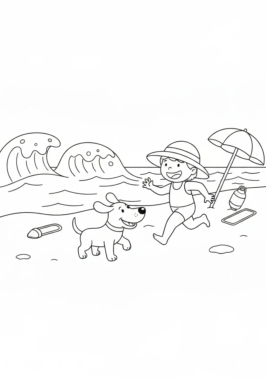 Lato na plaży - kolorowanka do nauki pór roku dla dzieci - kolorowanka line-art do druku