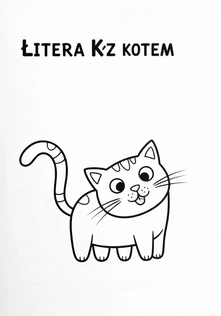 Litera K z kotem - kolorowanka edukacyjna do nauki alfabetu - kolorowanka line-art do druku