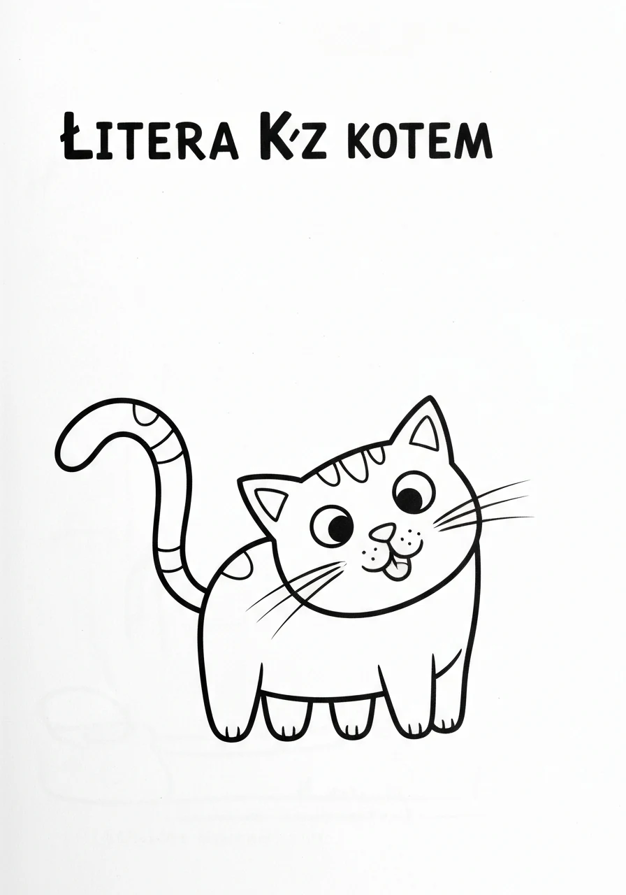 Litera K z kotem - kolorowanka edukacyjna do nauki alfabetu - kolorowanka line-art do druku