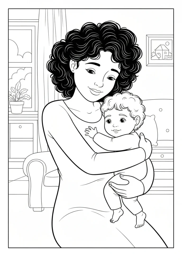 Mama z dzieckiem na rękach - kolorowanka Dzień Matki do druku - kolorowanka line-art do druku