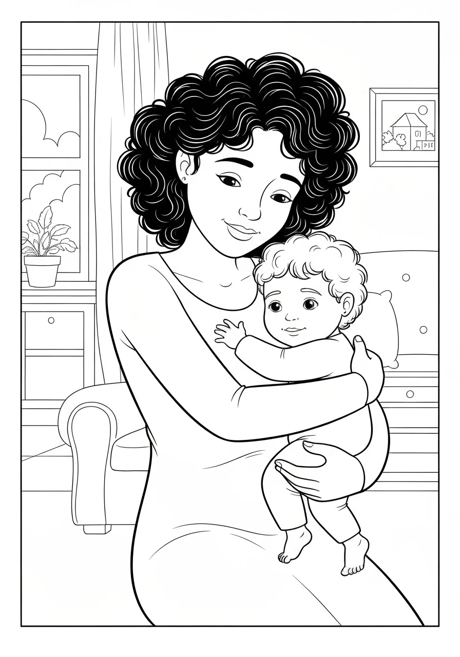 Mama z dzieckiem na rękach - kolorowanka Dzień Matki do druku - kolorowanka line-art do druku