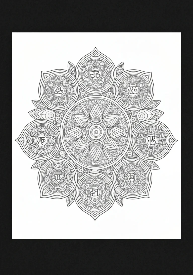 Mandala czakr - 7 energetycznych ośrodków do kolorowania i medytacji - kolorowanka line-art do druku