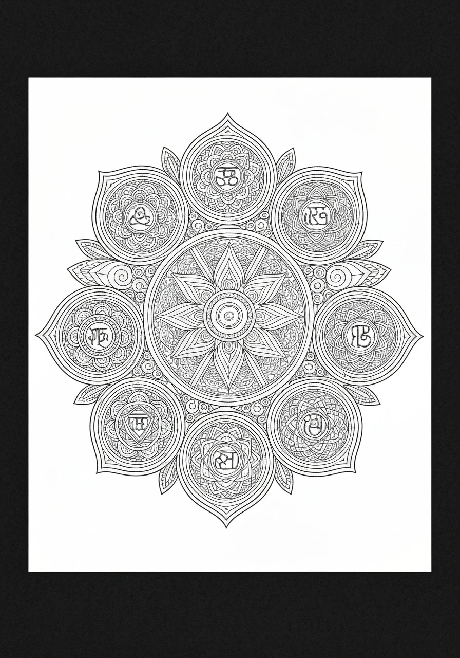 Mandala czakr - 7 energetycznych ośrodków do kolorowania i medytacji - kolorowanka line-art do druku