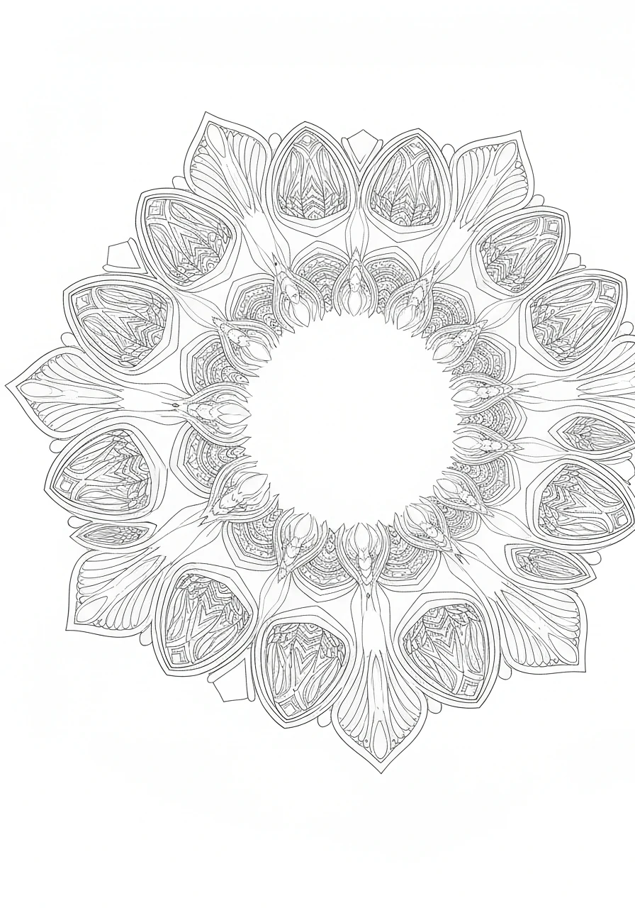 Mandala fraktalna - kolorowanka matematyczna do druku dla dorosłych - kolorowanka line-art do druku