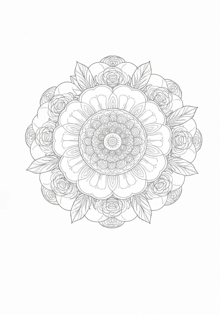Mandala kwiatowa z różami - antystresowa kolorowanka line-art dla dorosłych - kolorowanka line-art do druku
