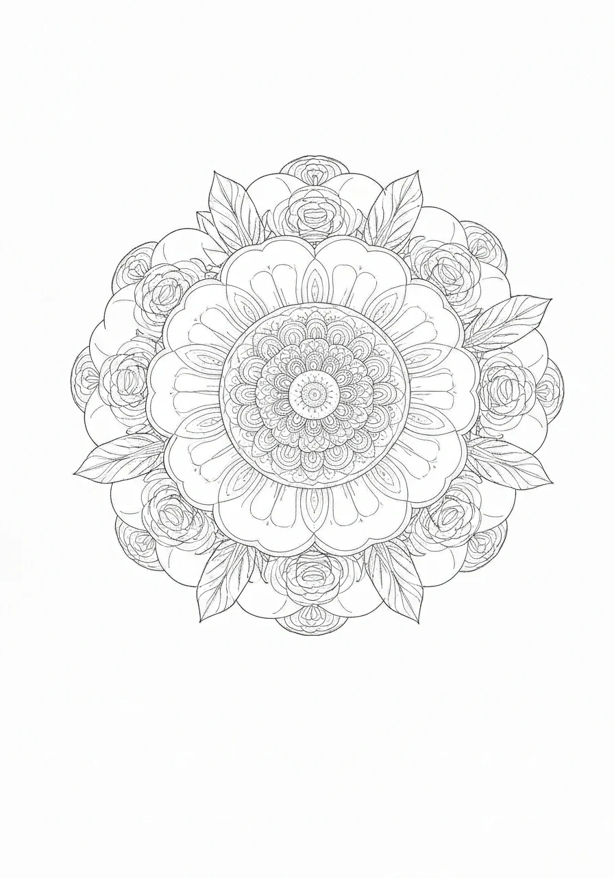 Mandala kwiatowa z różami - antystresowa kolorowanka line-art dla dorosłych - kolorowanka line-art do druku