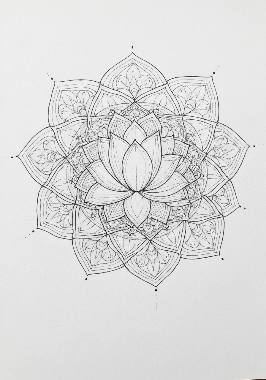 Mandala tibetańska z lotosem - kolorowanka duchowa do druku - kolorowanka line-art do druku