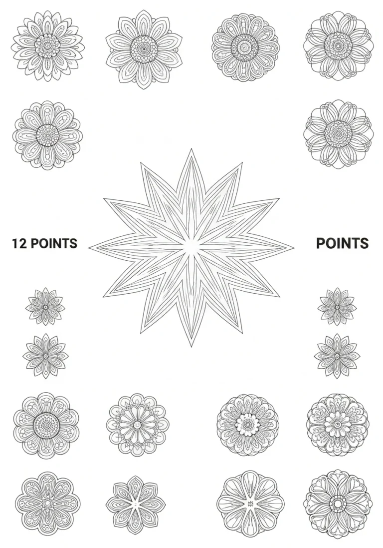 Mandala z 12 promieniami - klasyczny wzór do druku i kolorowania - kolorowanka line-art do druku