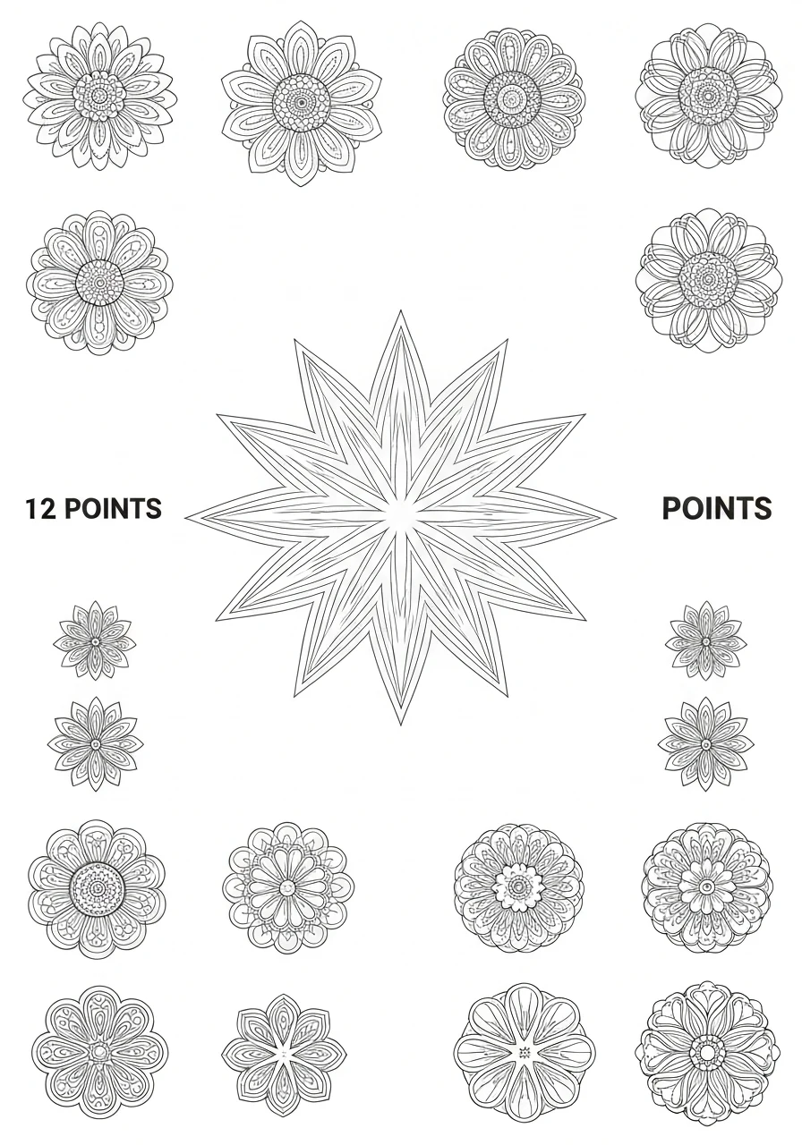 Mandala z 12 promieniami - klasyczny wzór do druku i kolorowania - kolorowanka line-art do druku