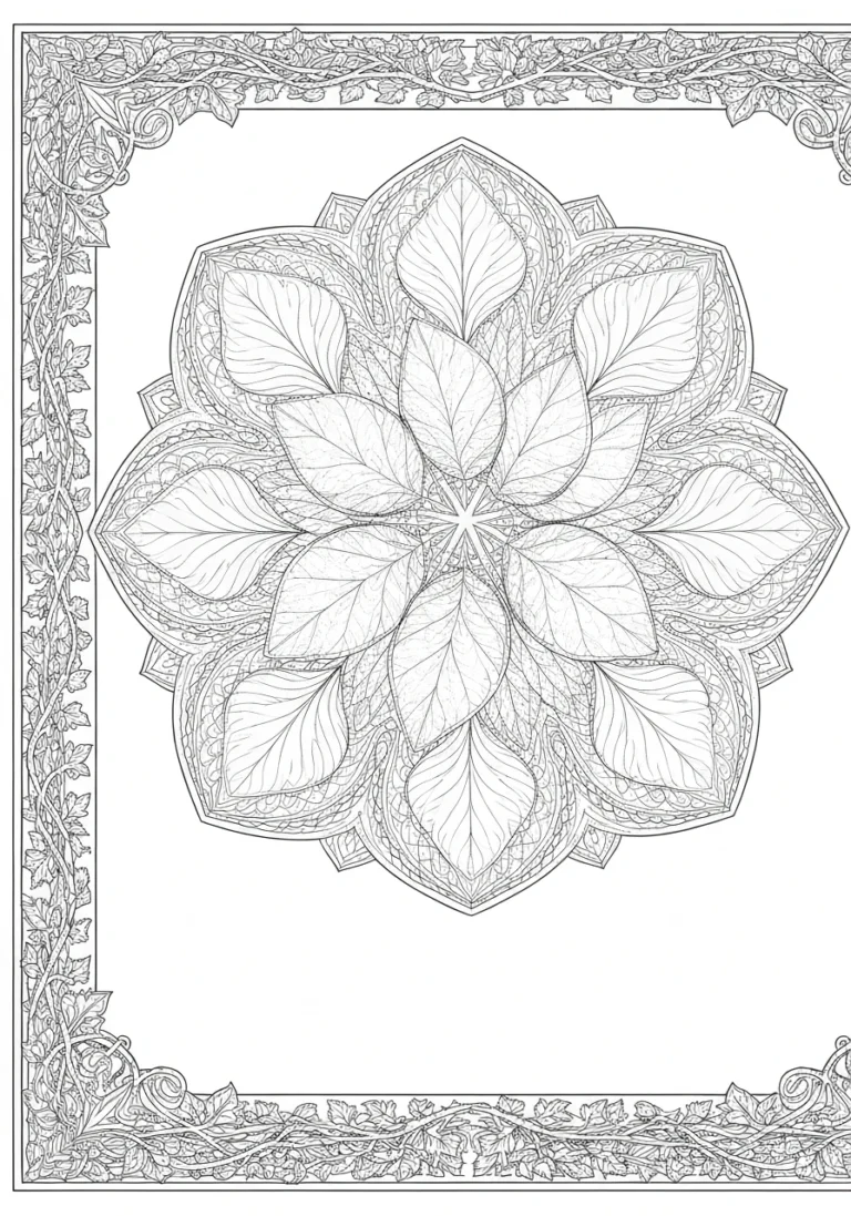 Mandala z liśćmi monstery - tropikalny wzór do kolorowania dla dorosłych - kolorowanka line-art do druku