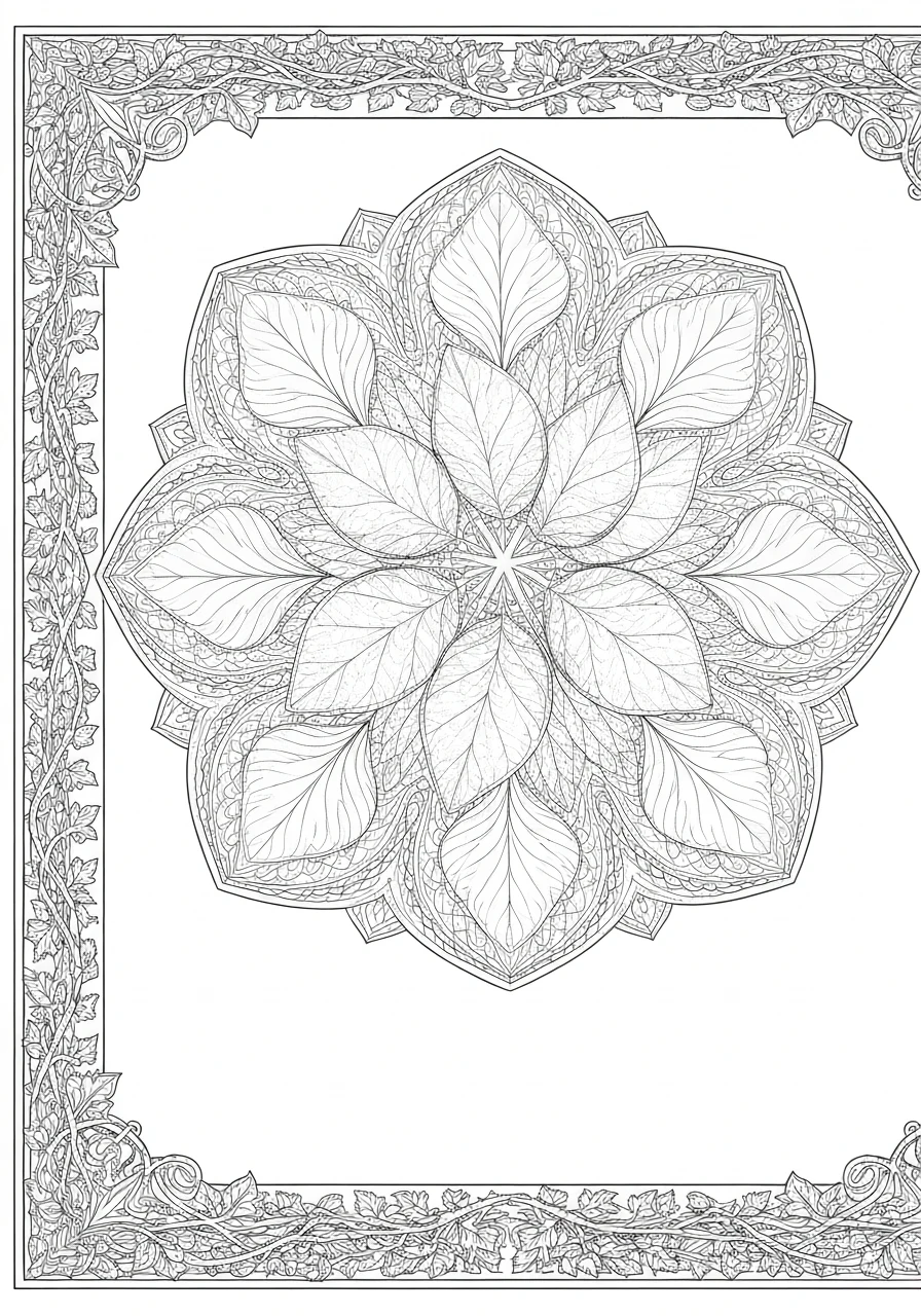 Mandala z liśćmi monstery - tropikalny wzór do kolorowania dla dorosłych - kolorowanka line-art do druku