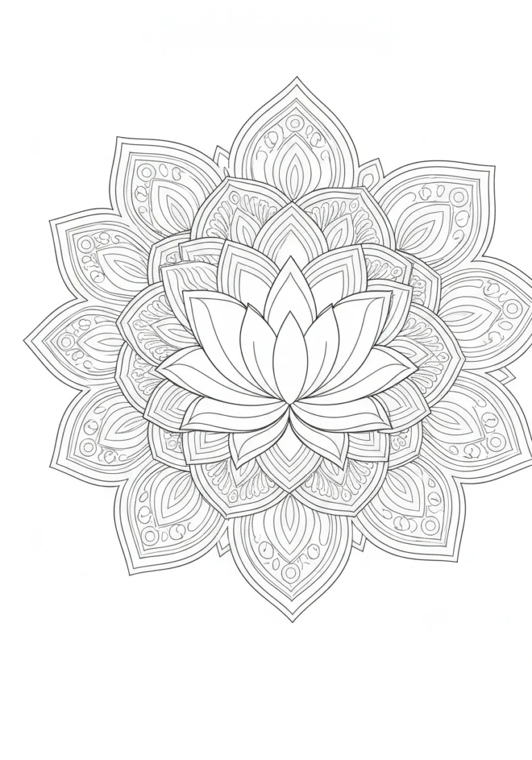 Mandala z lotosem - duchowa kolorowanka kwiatowa do druku - kolorowanka line-art do druku