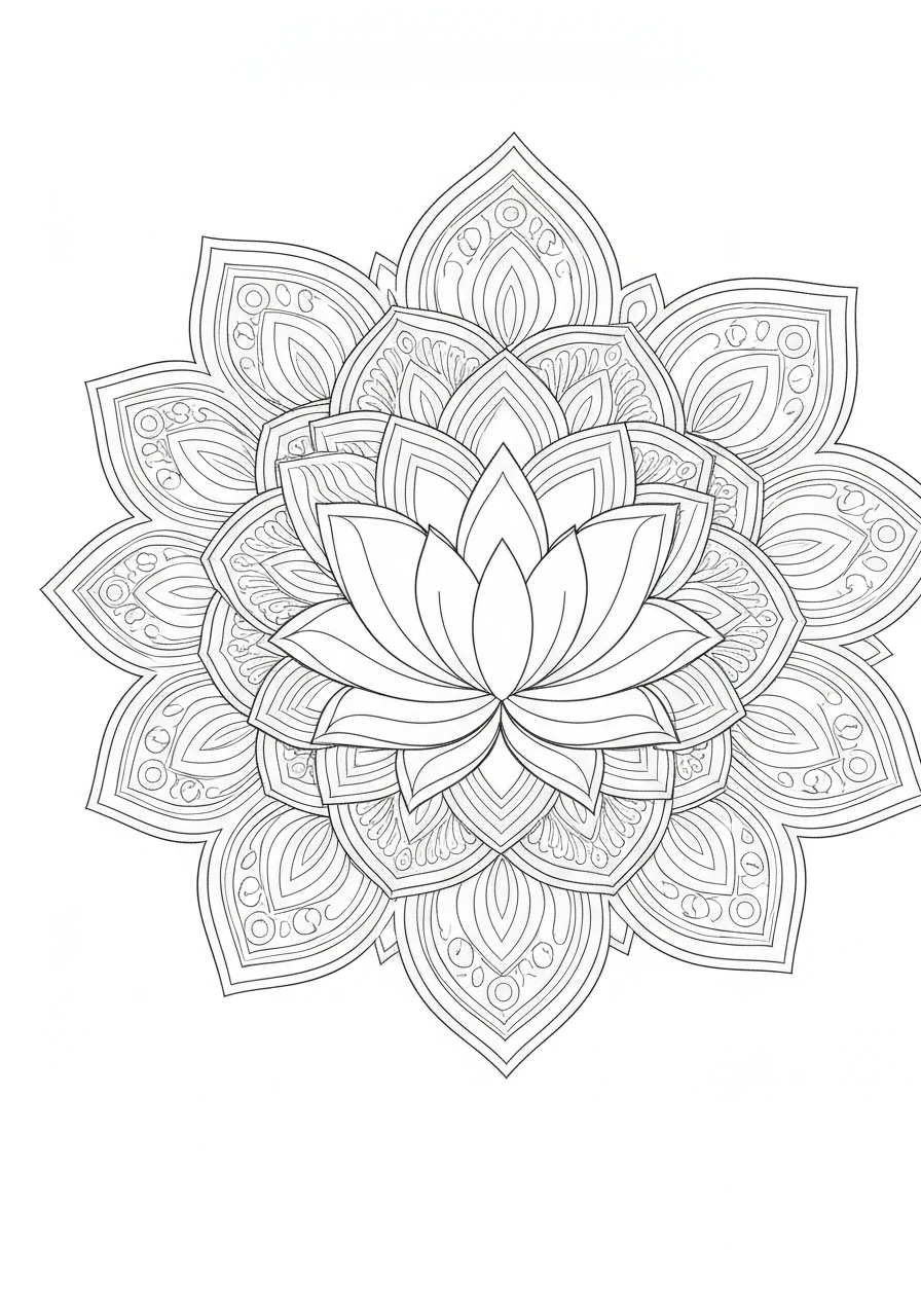 Mandala z lotosem - duchowa kolorowanka kwiatowa do druku - kolorowanka line-art do druku