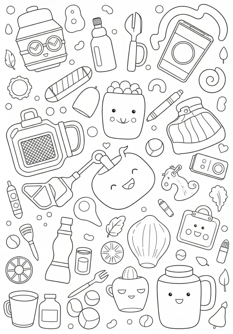 Narzędzia i przedmioty codzienne - przewodnik kolorowanek dla dzieci - kolorowanka line-art do druku