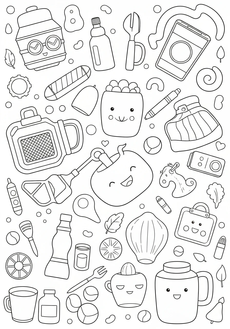 Narzędzia i przedmioty codzienne - przewodnik kolorowanek dla dzieci - kolorowanka line-art do druku