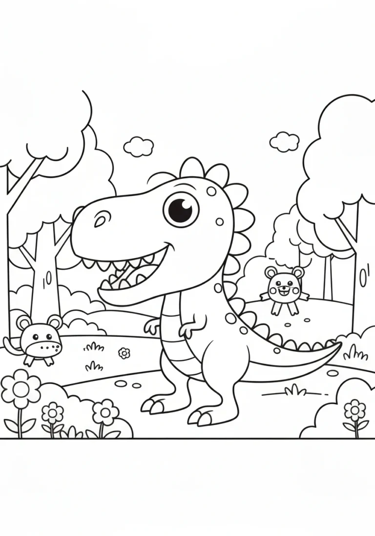 Park dinozaurów - panoramiczna kolorowanka prehistoryczna dla dzieci - kolorowanka line-art do druku