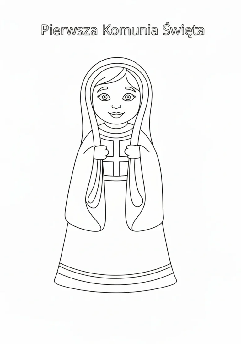 Pierwsza Komunia Święta - kolorowanka dziewczynki z modlitewnikiem do druku - kolorowanka line-art do druku