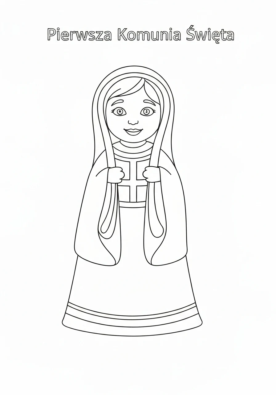 Pierwsza Komunia Święta - kolorowanka dziewczynki z modlitewnikiem do druku - kolorowanka line-art do druku