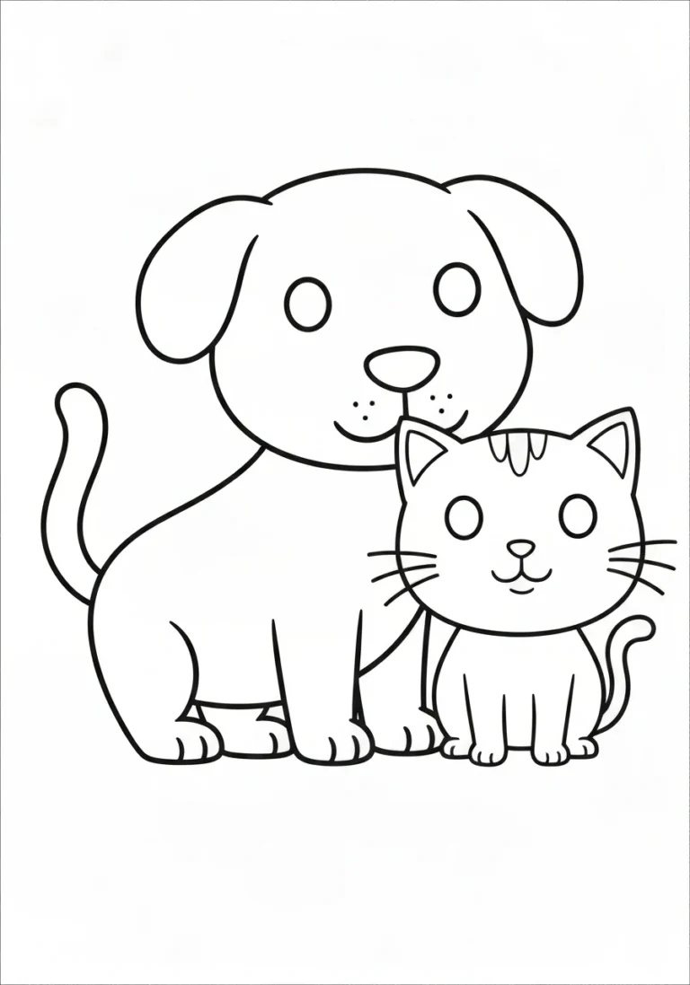 Pies i kot razem - kolorowanka przyjaźni dla dzieci - kolorowanka line-art do druku