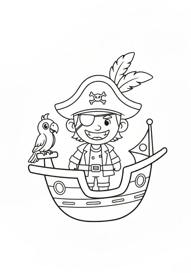 Pirat na statku z papugą - kolorowanka przygodowa do druku PDF - kolorowanka line-art do druku