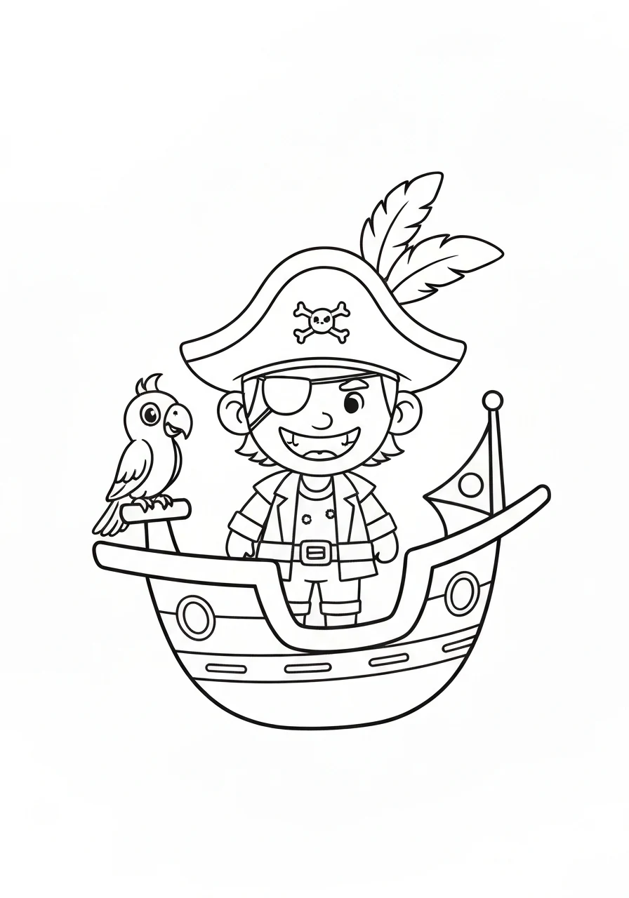 Pirat na statku z papugą - kolorowanka przygodowa do druku PDF - kolorowanka line-art do druku