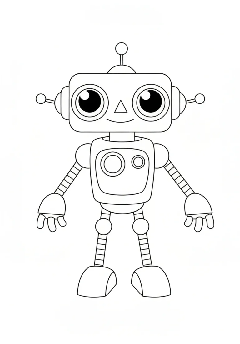 Robot z wielkimi oczami - kreatywna kolorowanka do druku dla dzieci - kolorowanka line-art do druku