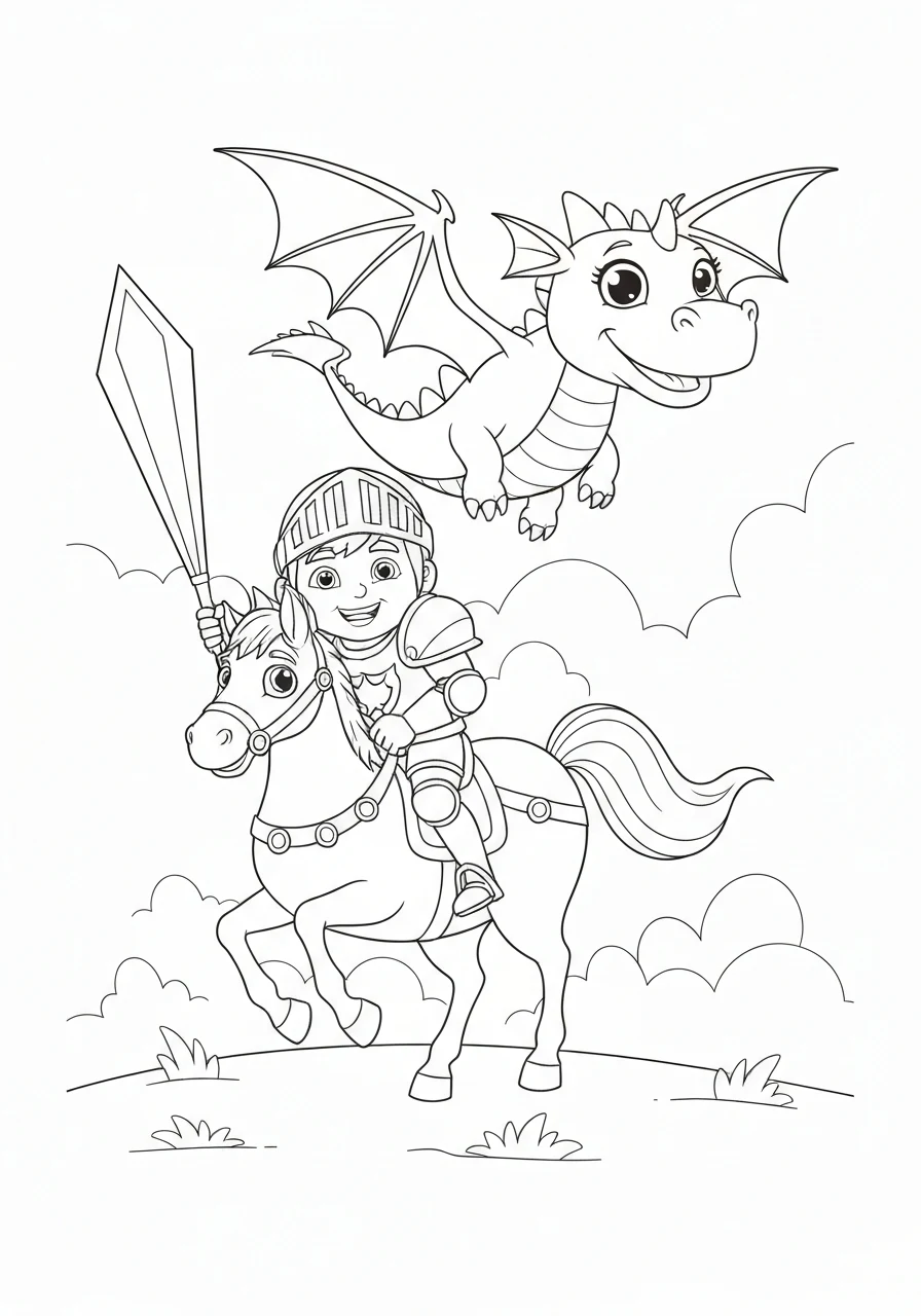 Smok i rycerz - epicka walka fantasy kolorowanka do druku - kolorowanka line-art do druku