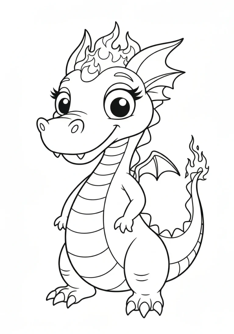 Smok ziejący ogniem - kolorowanka dla dzieci 6-8 lat do druku PDF - kolorowanka line-art do druku