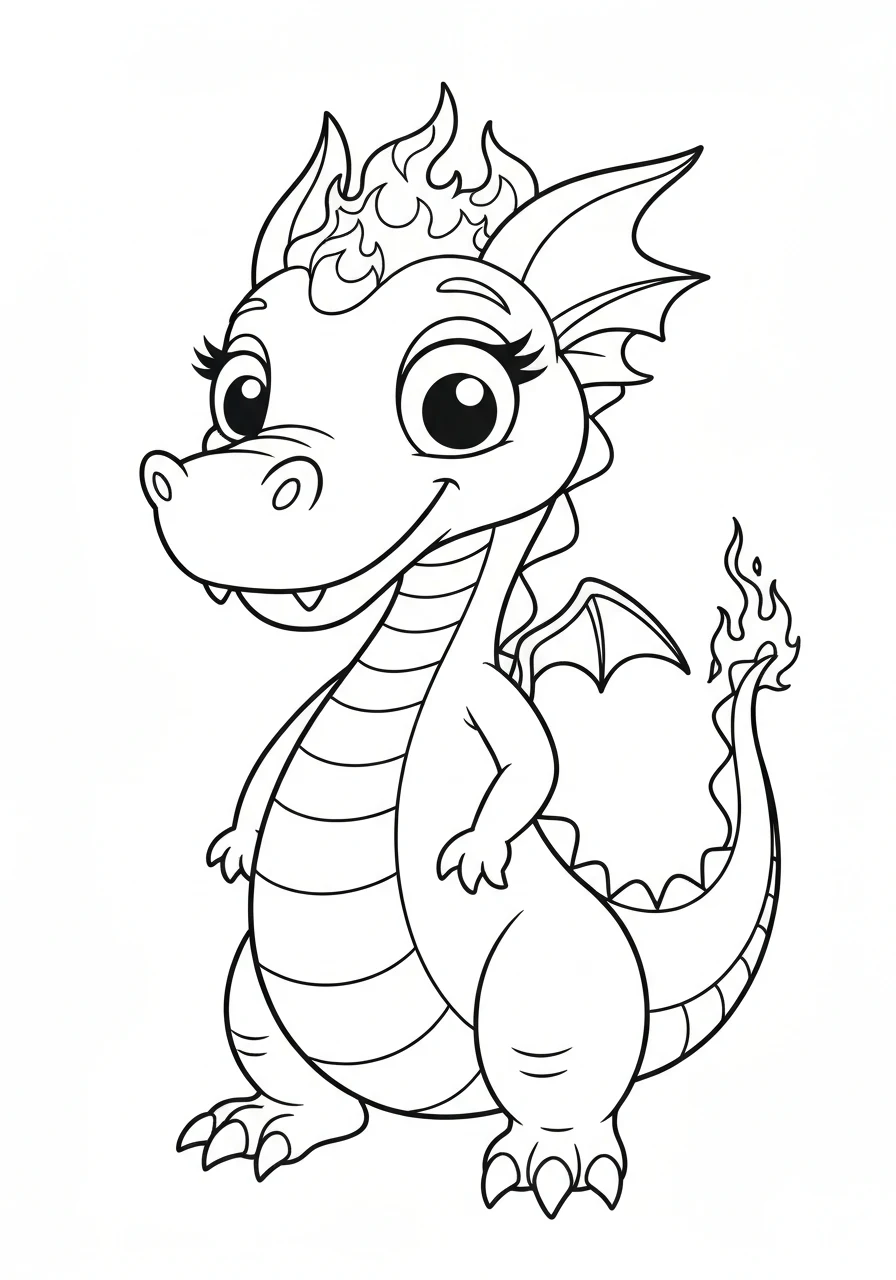 Smok ziejący ogniem - kolorowanka dla dzieci 6-8 lat do druku PDF - kolorowanka line-art do druku
