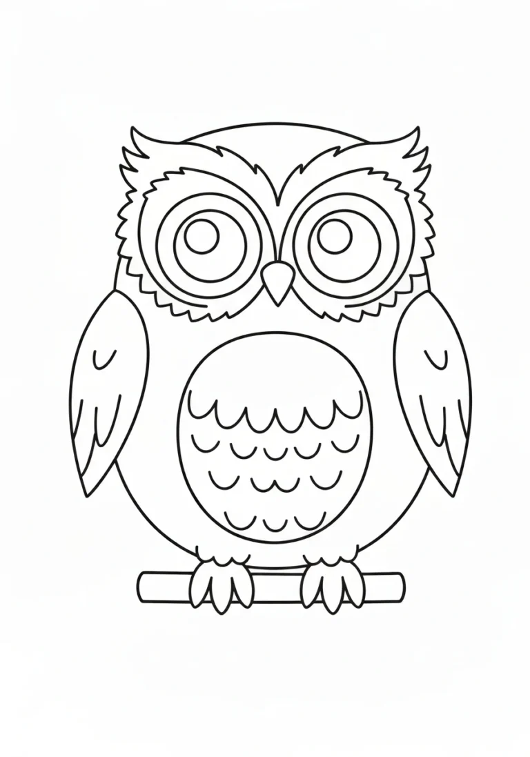 Sowa leśna w nocy na gałęzi - kolorowanka zwierzęcia leśnego do druku - kolorowanka line-art do druku