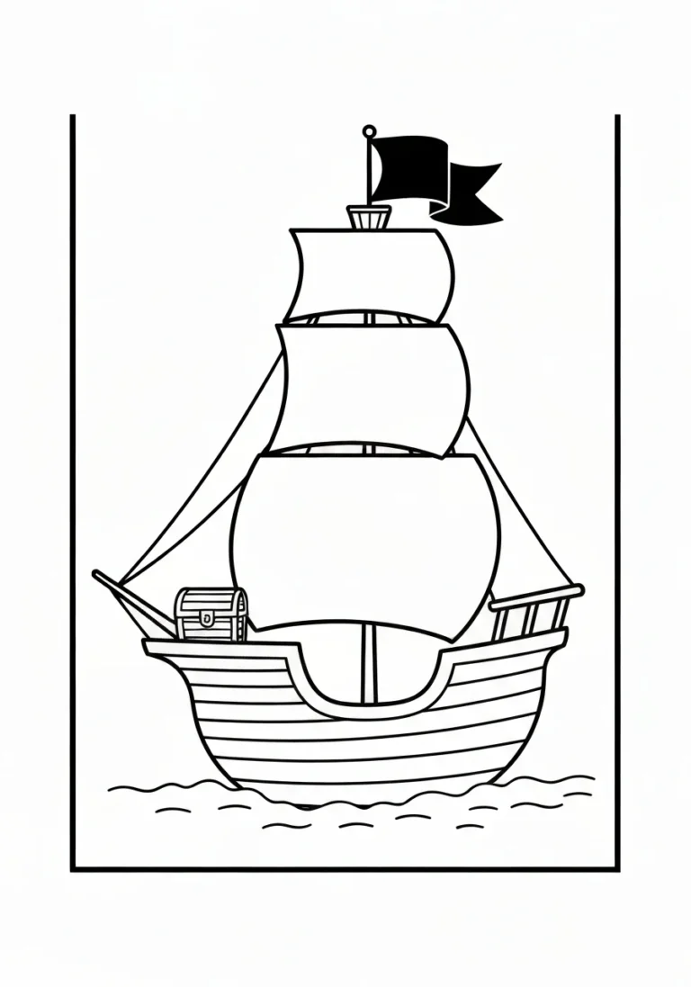 Statek piracki z czarną banderą - kolorowanka morska do druku i pobrania PDF - kolorowanka line-art do druku