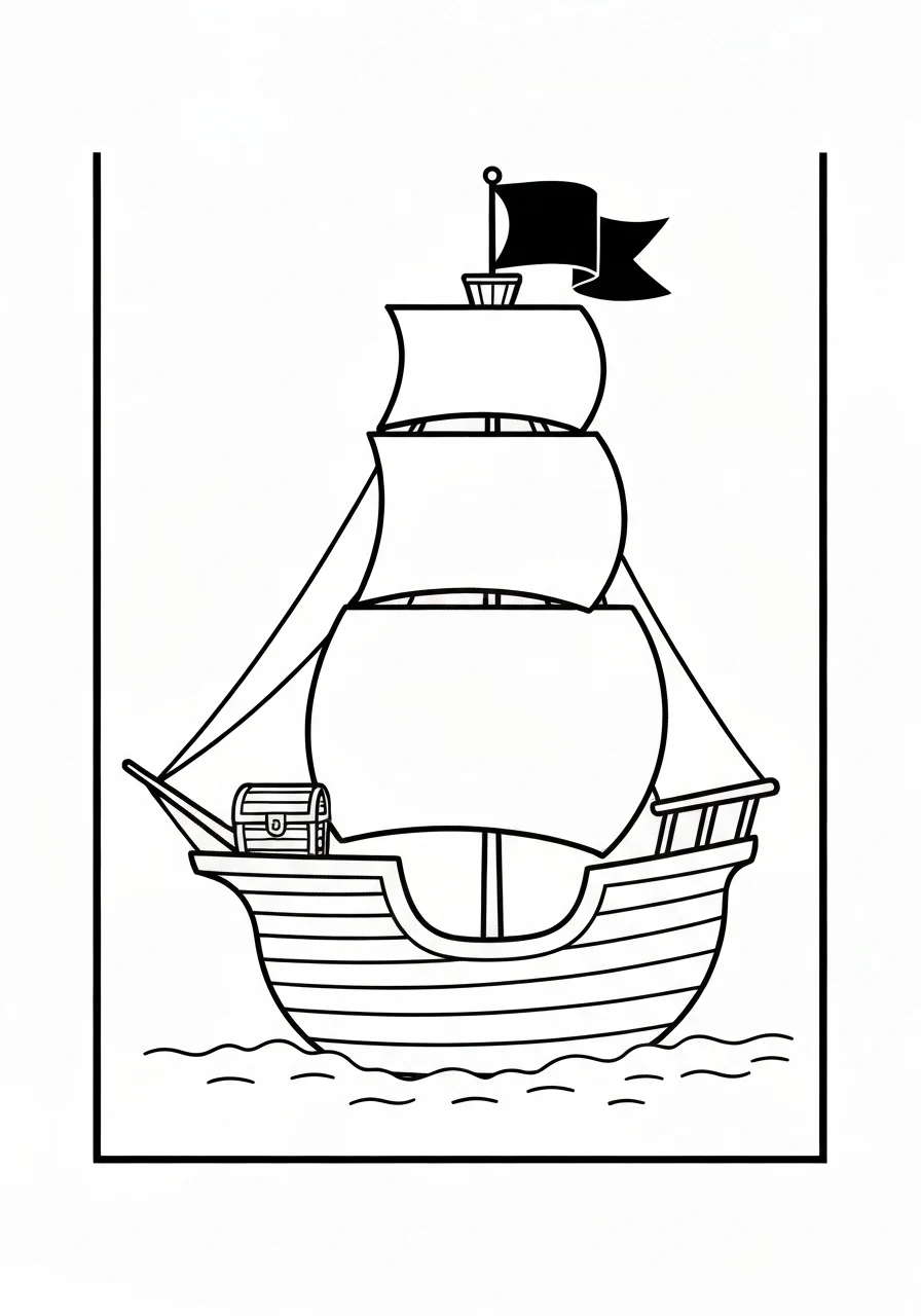 Statek piracki z czarną banderą - kolorowanka morska do druku i pobrania PDF - kolorowanka line-art do druku