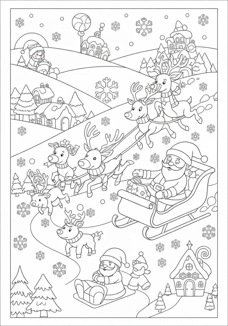 Święty Mikołaj na saniach z reniferami - kolorowanka PDF do druku - kolorowanka line-art do druku