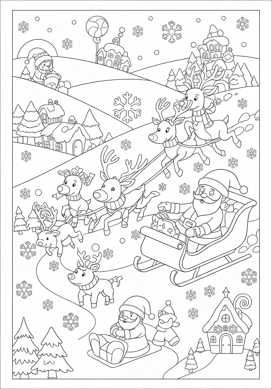 Święty Mikołaj na saniach z reniferami - kolorowanka PDF do druku - kolorowanka line-art do druku