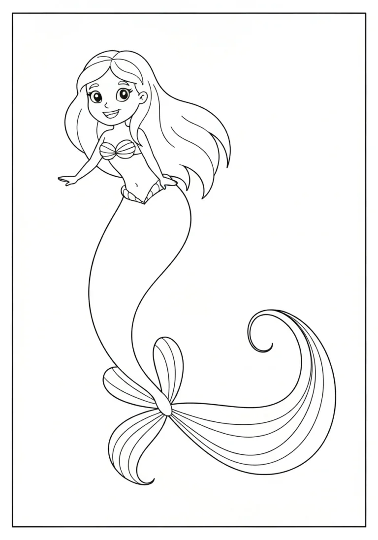 Syrenka z długim ogonem - kolorowanka morska PDF do druku dla dzieci - kolorowanka line-art do druku