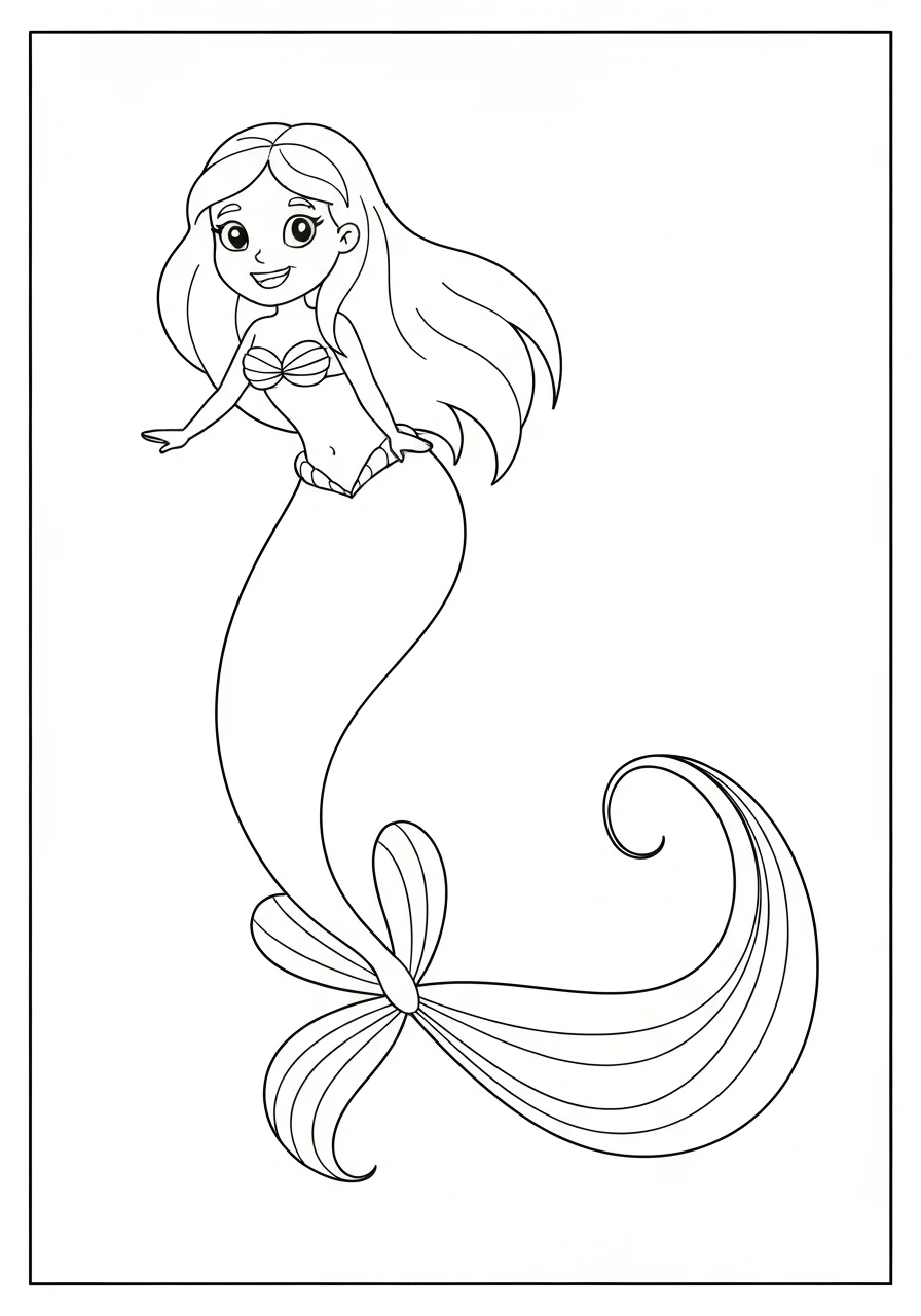 Syrenka z długim ogonem - kolorowanka morska PDF do druku dla dzieci - kolorowanka line-art do druku