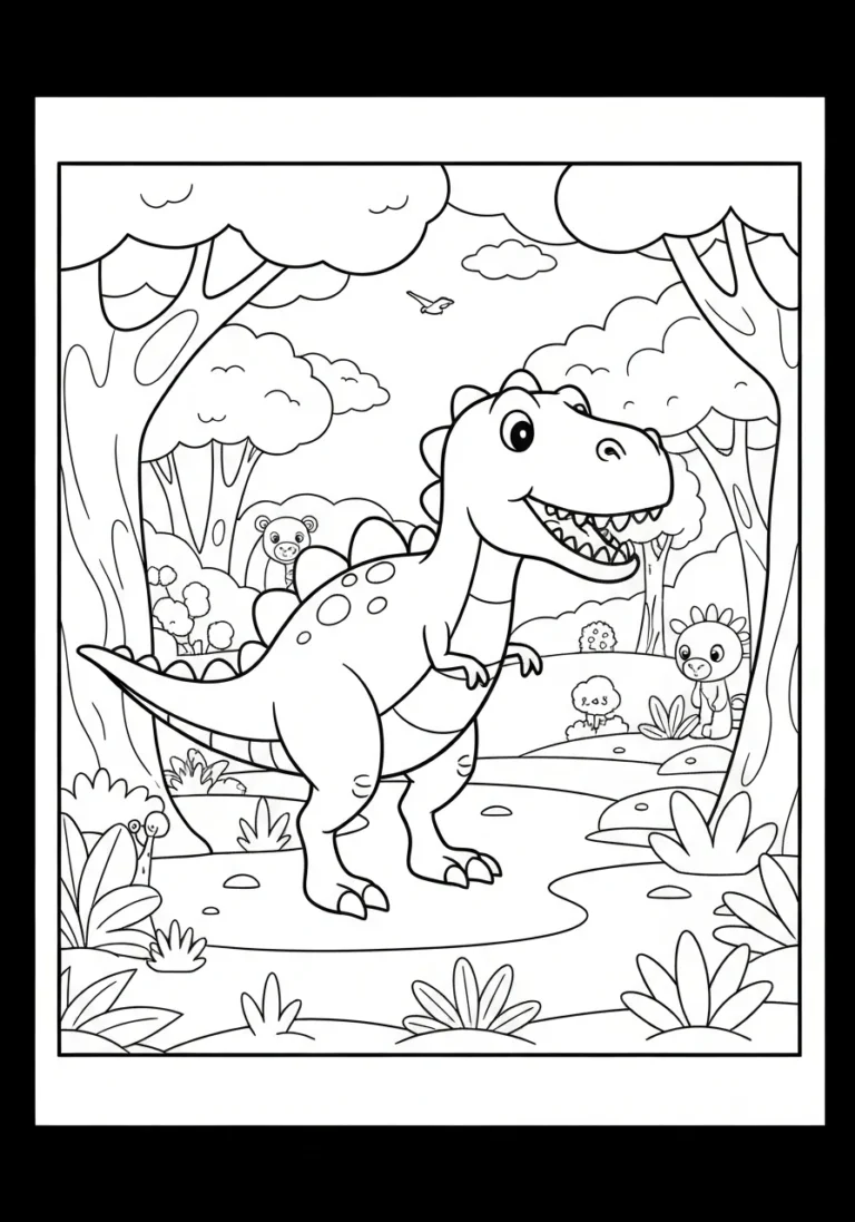 T-Rex w dżungli prehistorycznej - kolorowanka dinozaura drapieżnika do druku - kolorowanka line-art do druku