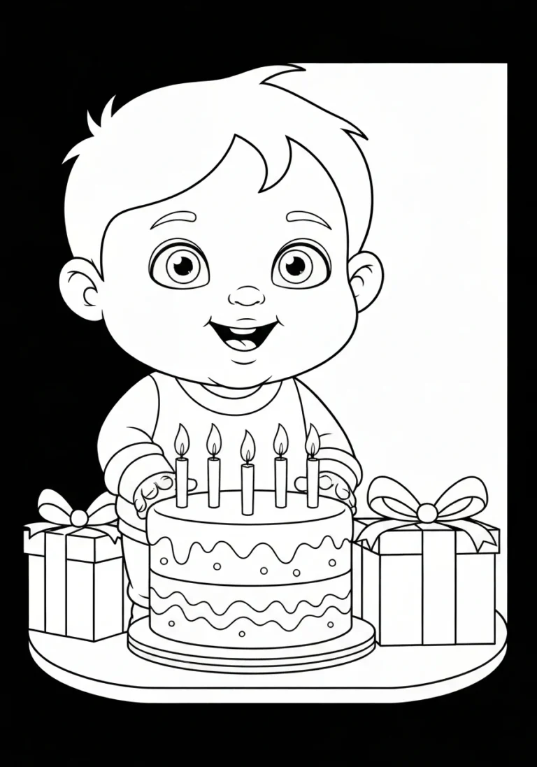 Tort urodzinowy z 5 świeczkami - kolorowanka do druku dla dzieci - kolorowanka line-art do druku