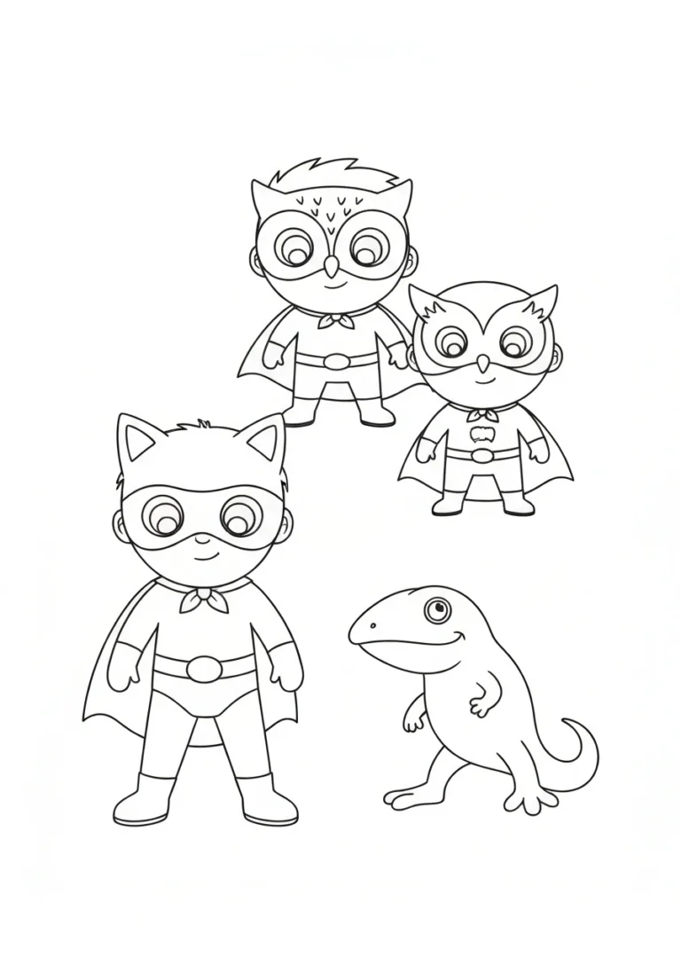 Trzej pidżamersi razem - kolorowanka grupowa PJ Masks do druku - kolorowanka line-art do druku